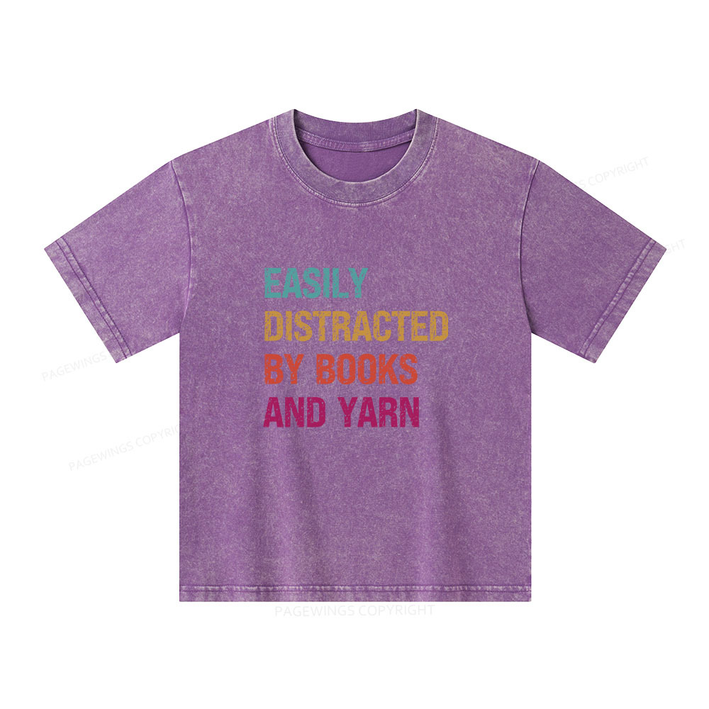 Pagewings Easily Distracted By Books And Yarn Unisex Kids Washed T-shirt