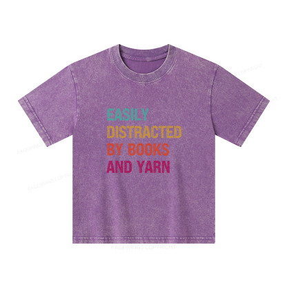Pagewings Easily Distracted By Books And Yarn Unisex Kids Washed T-shirt