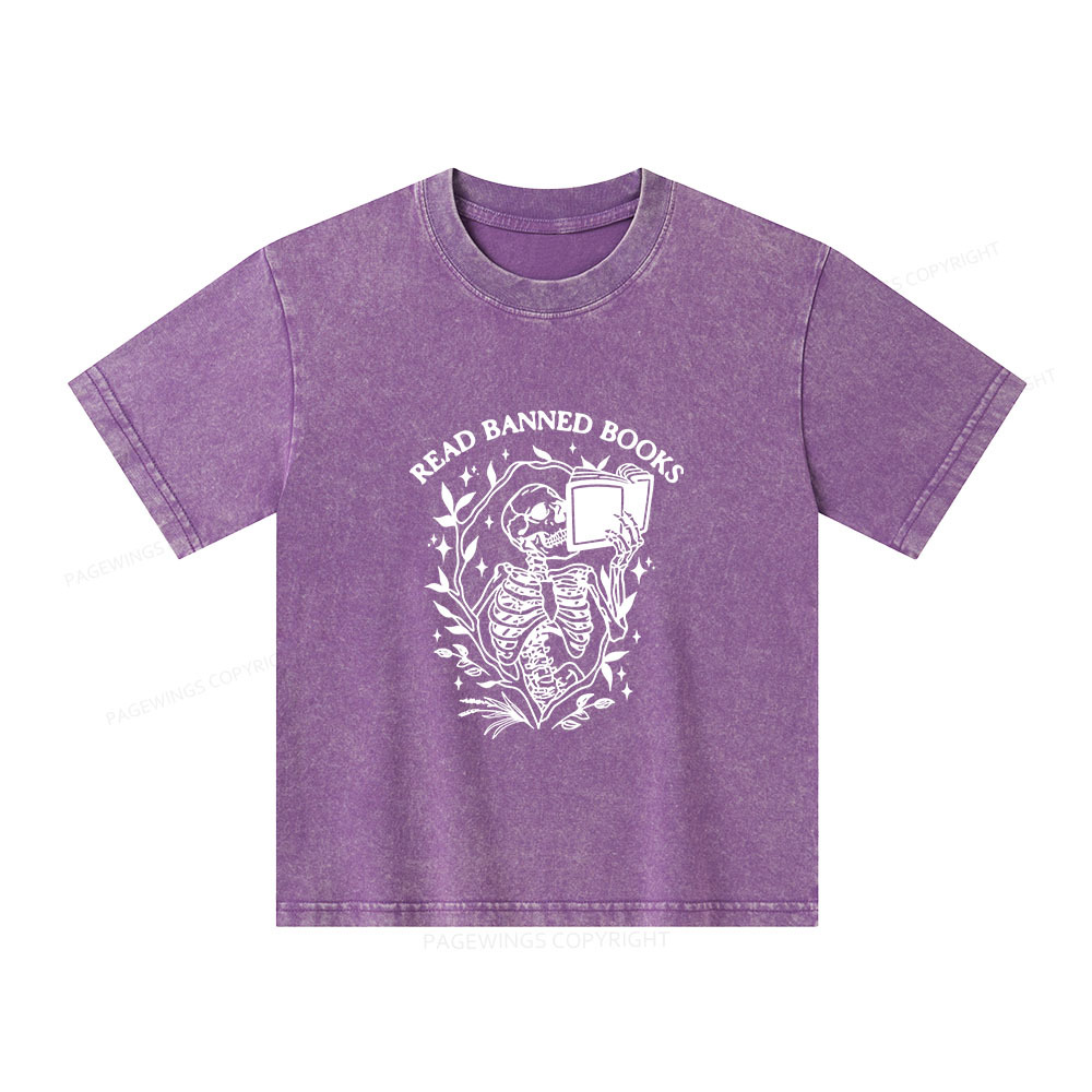 Pagewings Read Banned Books Skeleton Halloween Goth Protest Unisex Kids Washed T-shirt