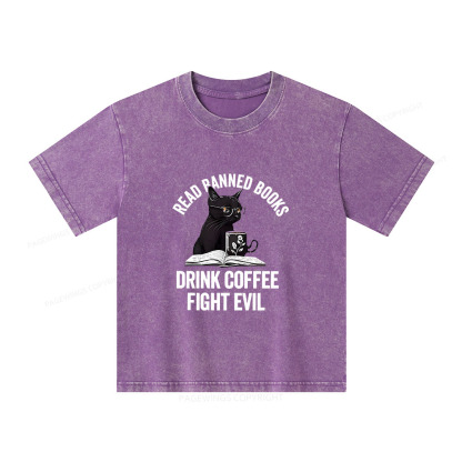 Pagewings Read Books Drink Coffee Fight Evil Unisex Kids Washed T-shirt