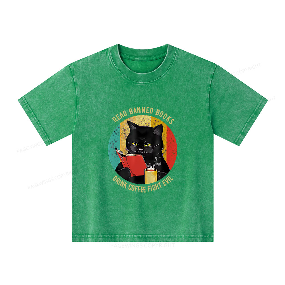 Pagewings Read Banned Books Drink Coffee Fight Evil Retro Cat Lovers Unisex Kids Washed T-shirt