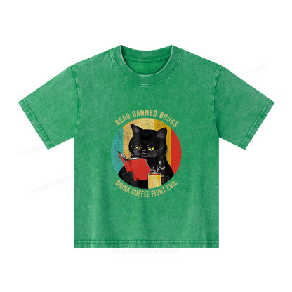 Pagewings Read Banned Books Drink Coffee Fight Evil Retro Cat Lovers Unisex Kids Washed T-shirt