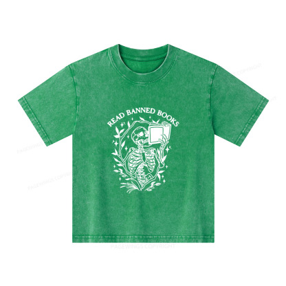 Pagewings Read Banned Books Skeleton Halloween Goth Protest Unisex Kids Washed T-shirt