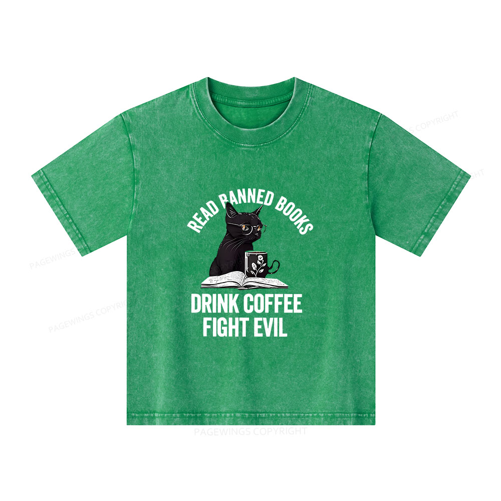 Pagewings Read Books Drink Coffee Fight Evil Unisex Kids Washed T-shirt