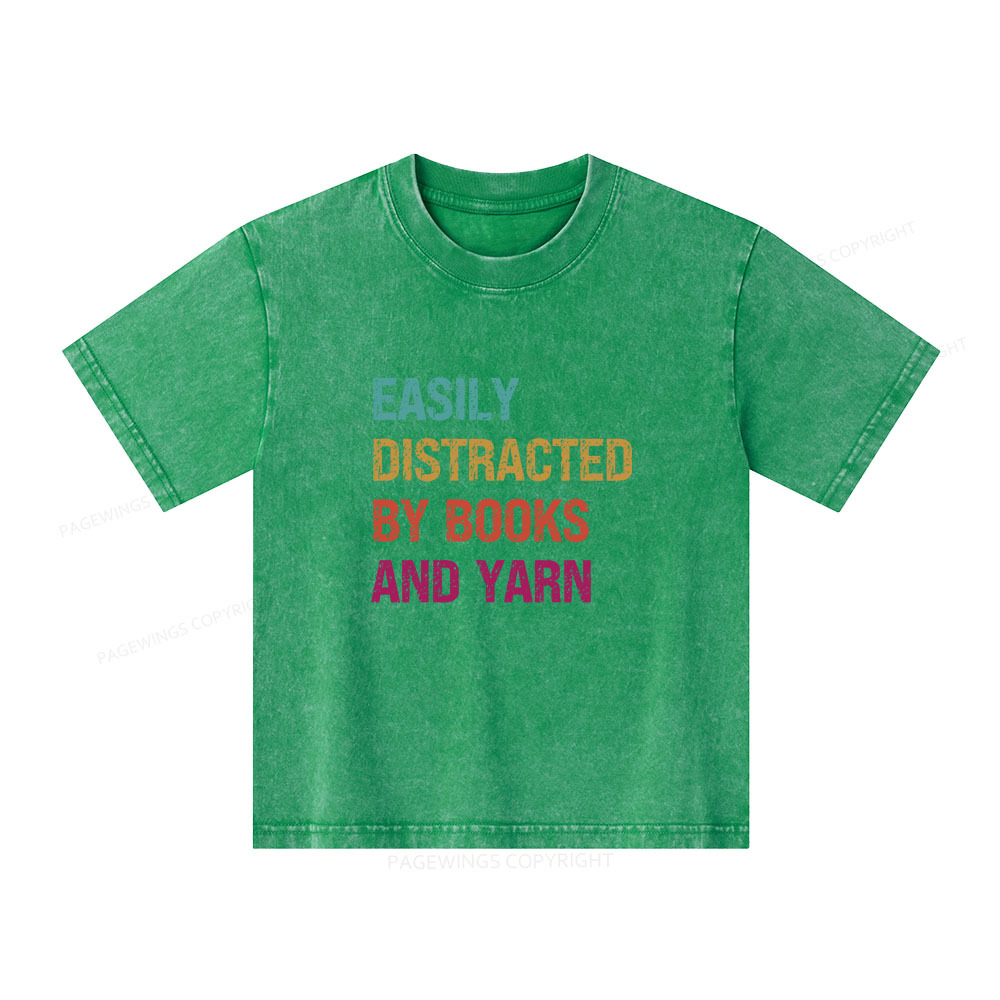 Pagewings Easily Distracted By Books And Yarn Unisex Kids Washed T-shirt