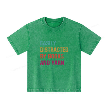 Pagewings Easily Distracted By Books And Yarn Unisex Kids Washed T-shirt
