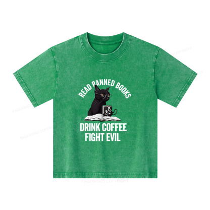 Pagewings Read Books Drink Coffee Fight Evil Unisex Kids Washed T-shirt