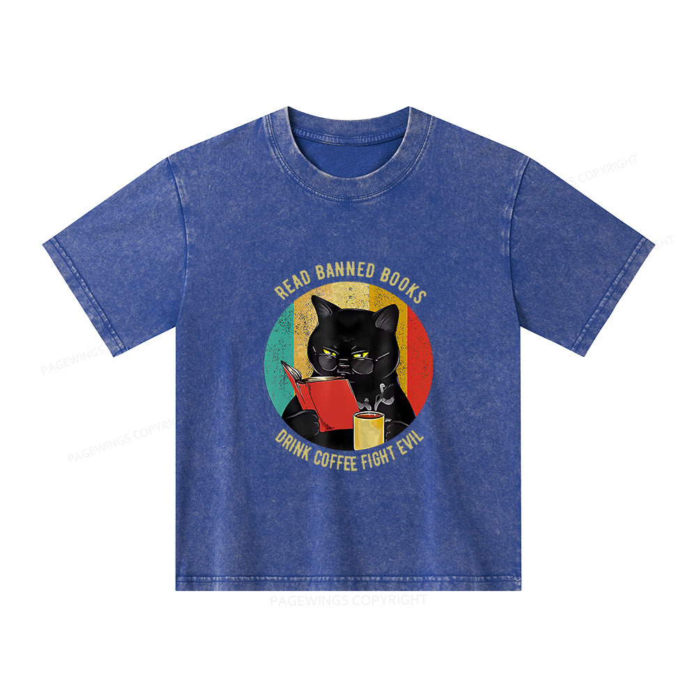 Pagewings Read Banned Books Drink Coffee Fight Evil Retro Cat Lovers Unisex Kids Washed T-shirt
