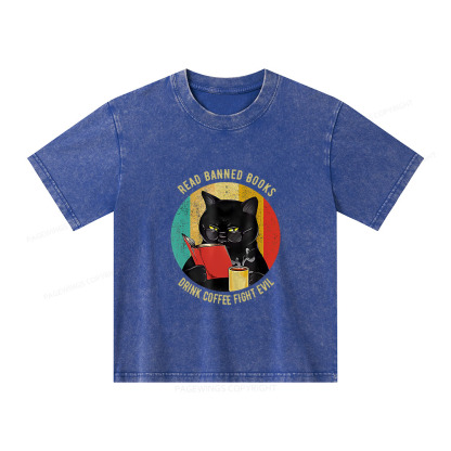 Pagewings Read Banned Books Drink Coffee Fight Evil Retro Cat Lovers Unisex Kids Washed T-shirt