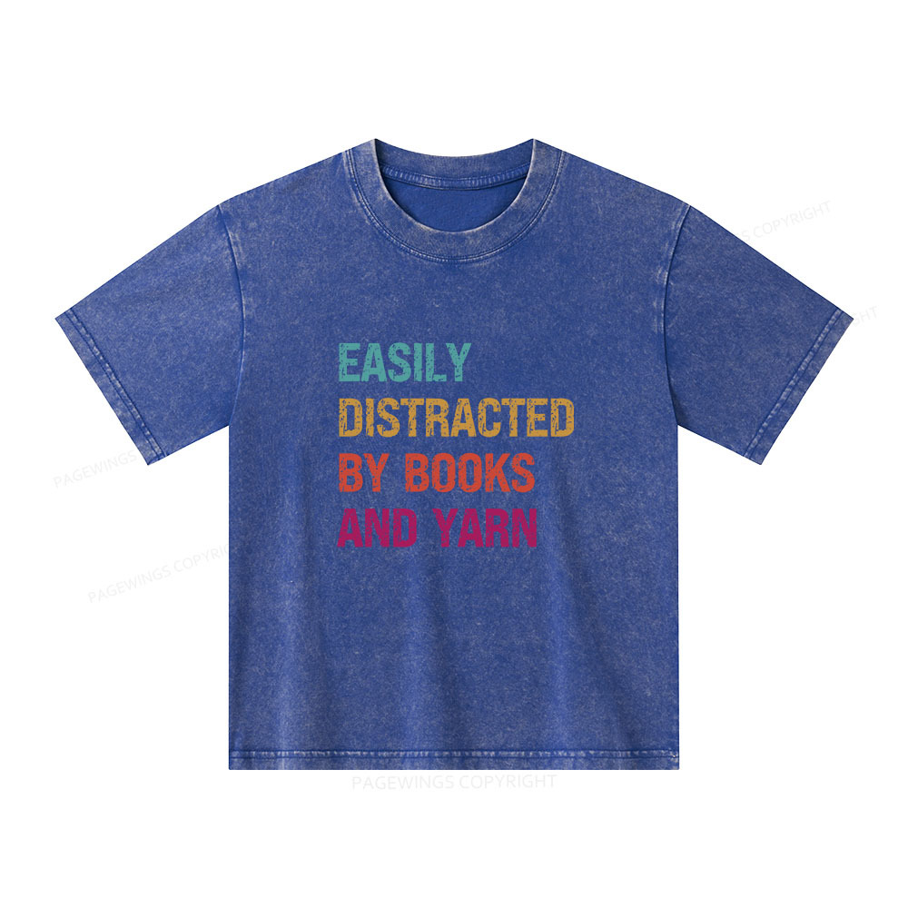 Pagewings Easily Distracted By Books And Yarn Unisex Kids Washed T-shirt