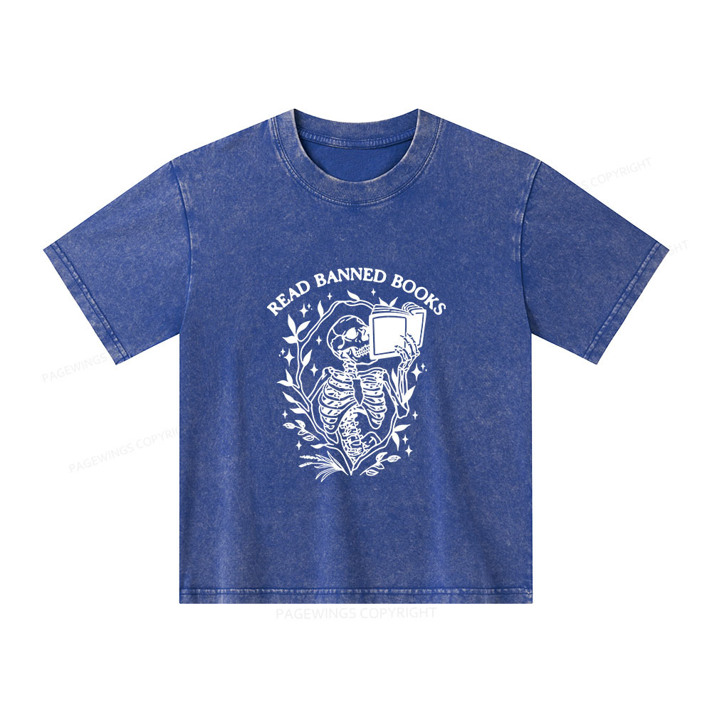 Pagewings Read Banned Books Skeleton Halloween Goth Protest Unisex Kids Washed T-shirt