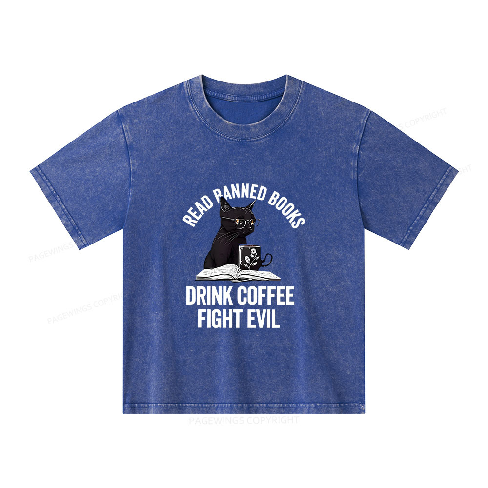 Pagewings Read Books Drink Coffee Fight Evil Unisex Kids Washed T-shirt