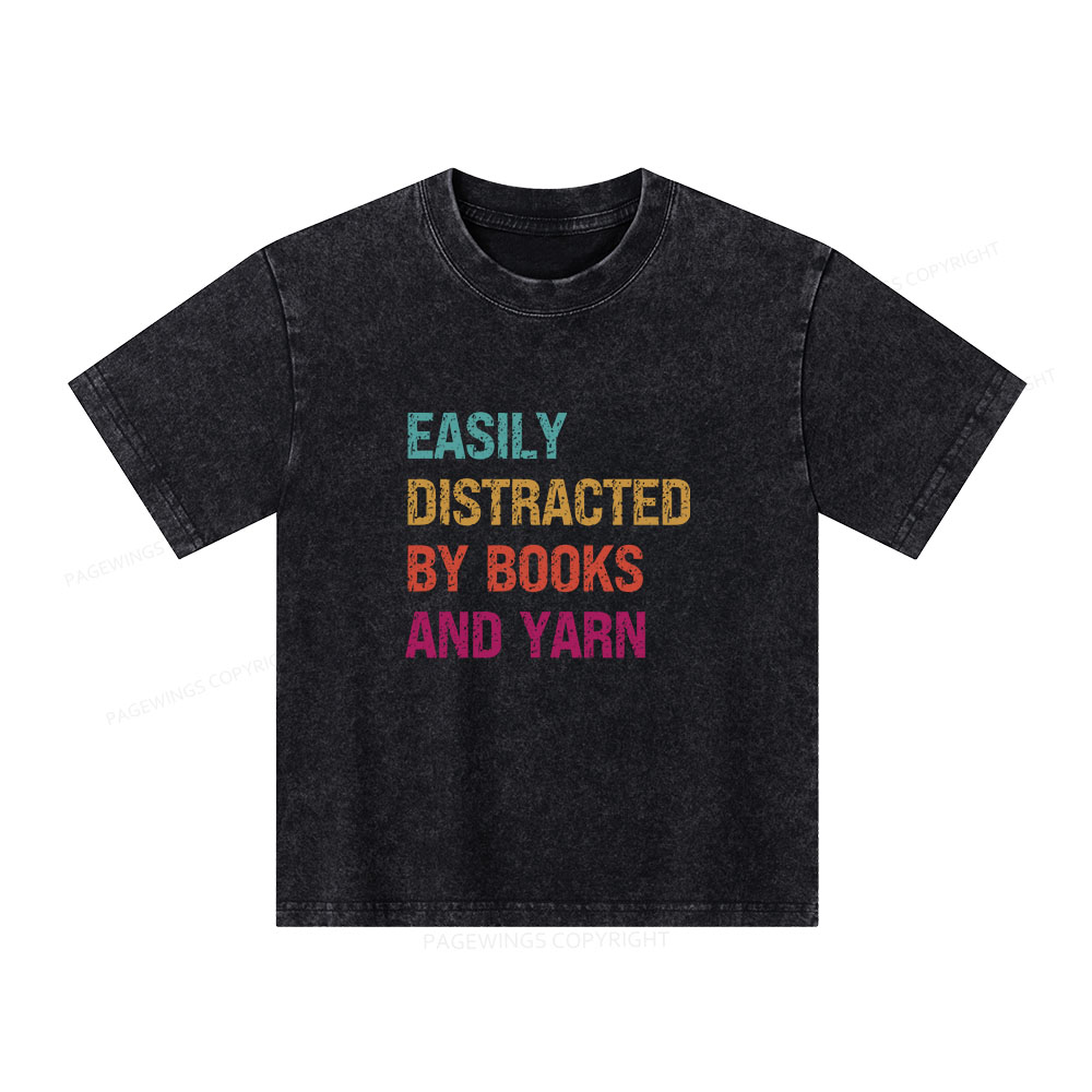 Pagewings Easily Distracted By Books And Yarn Unisex Kids Washed T-shirt