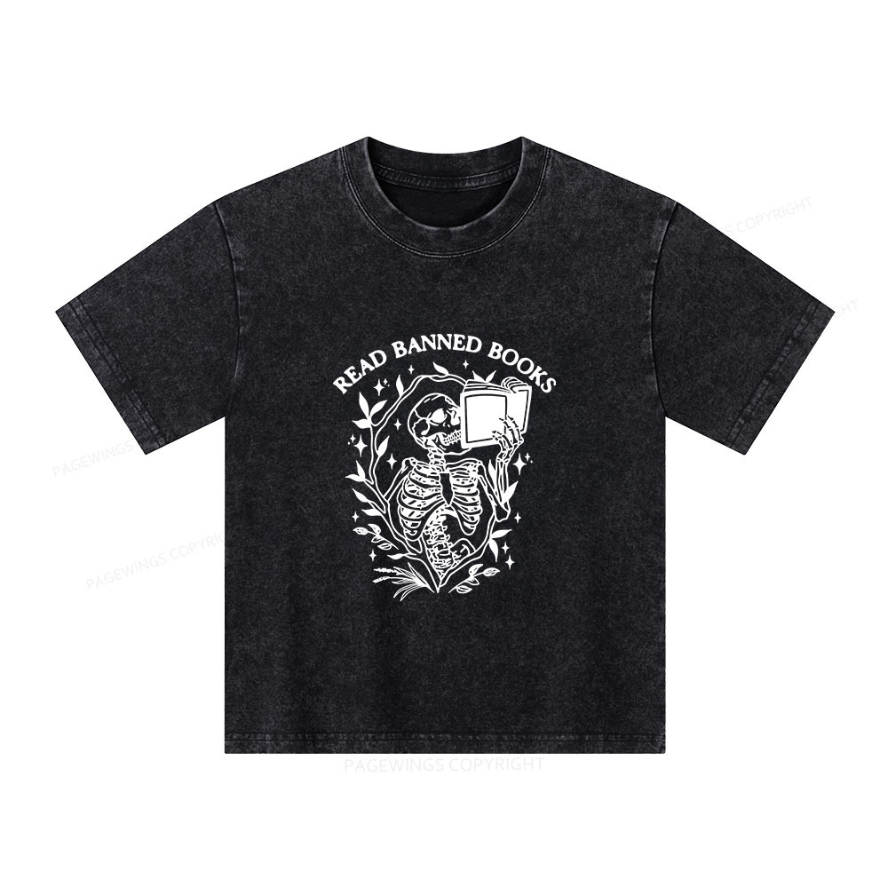 Pagewings Read Banned Books Skeleton Halloween Goth Protest Unisex Kids Washed T-shirt