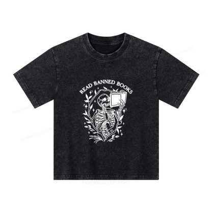 Pagewings Read Banned Books Skeleton Halloween Goth Protest Unisex Kids Washed T-shirt