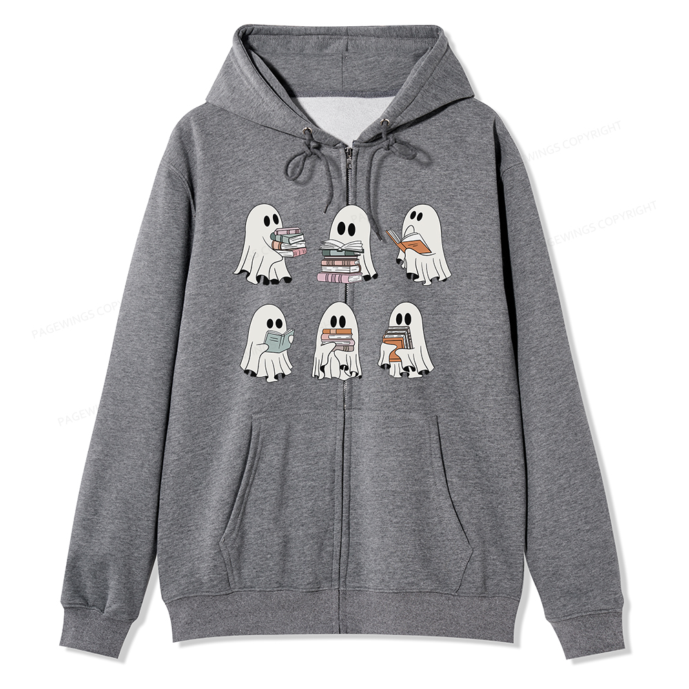 Pagewings Ghost Reading Halloween Unisex Fleece Zip Up Hoodie