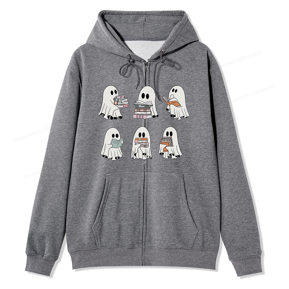 Pagewings Ghost Reading Halloween Unisex Fleece Zip Up Hoodie