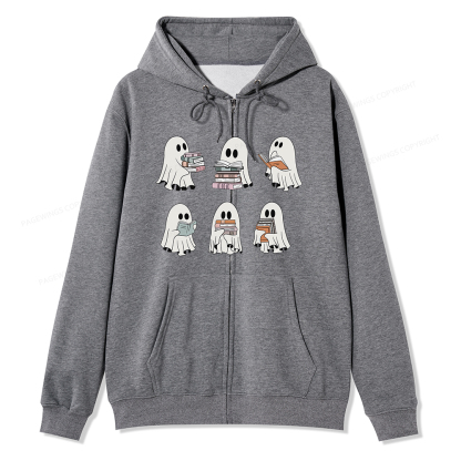 Pagewings Ghost Reading Halloween Unisex Fleece Zip Up Hoodie