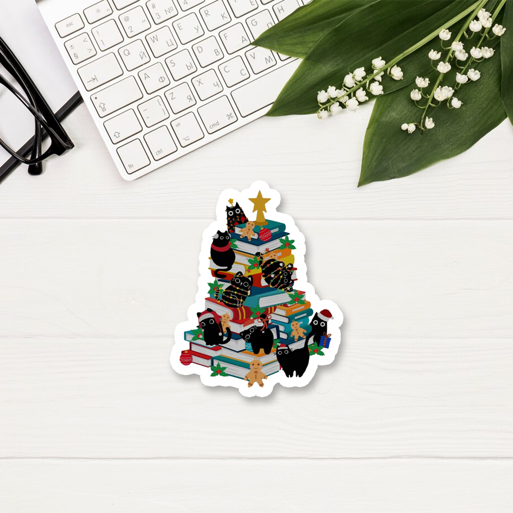Pagewings Cute Cats Books Christmas Tree Sticker