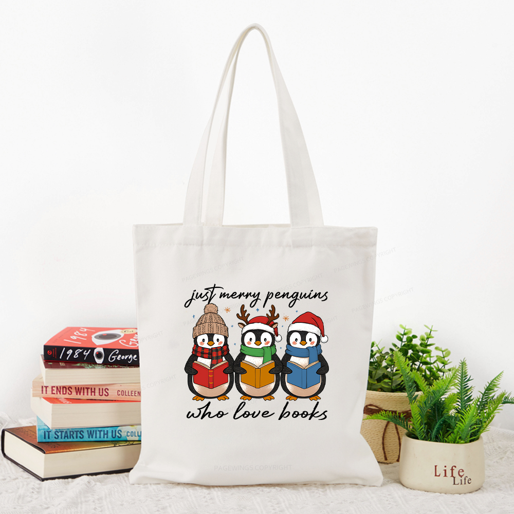 Pagewings Just Merry Penguins Who Love Books Tote Bag