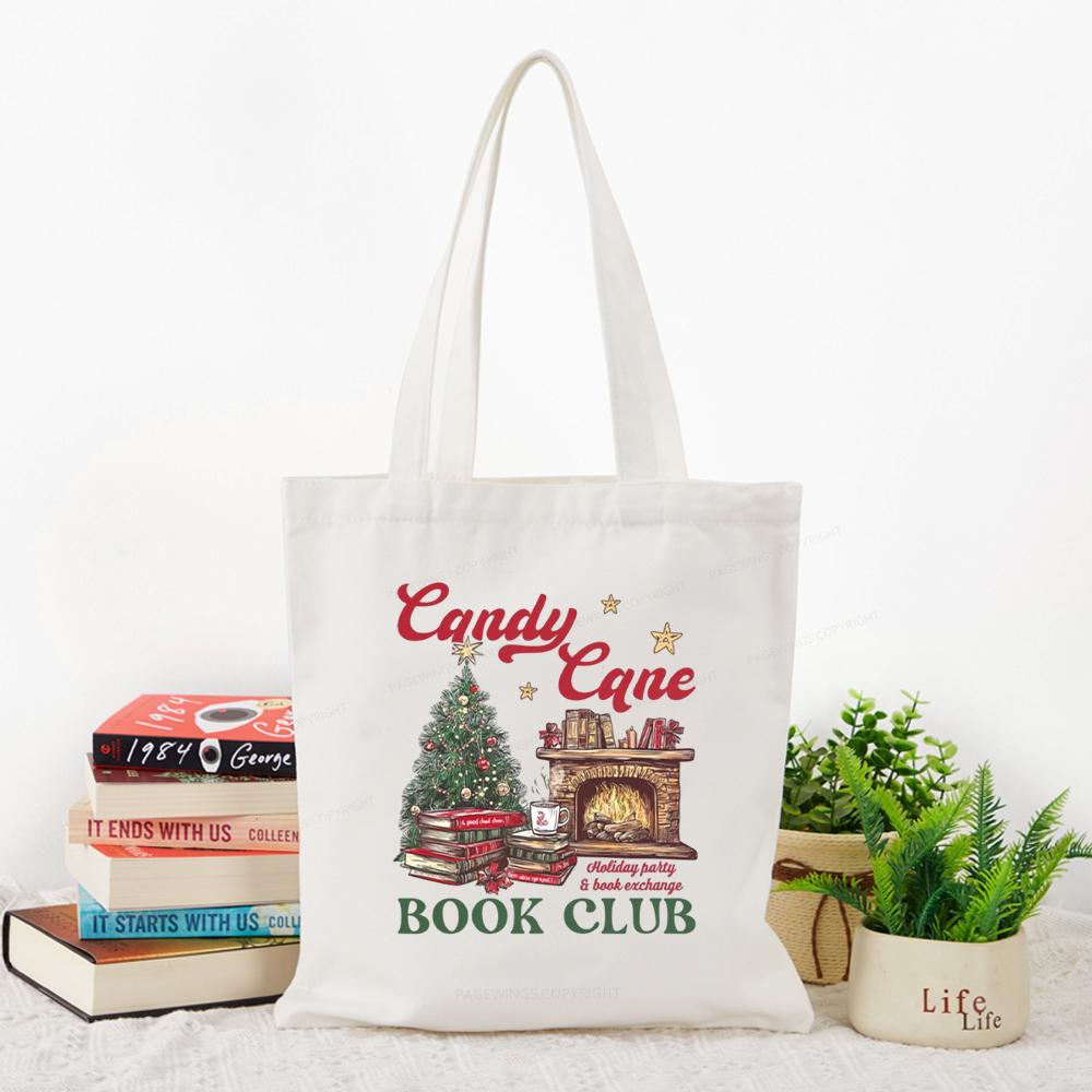 Pagewings Candy Cane Christmas Book Club Tote Bag