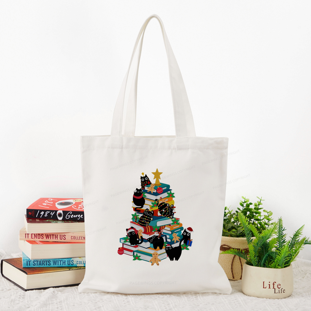 Pagewings Cute Cats Books Christmas Tree Tote Bag