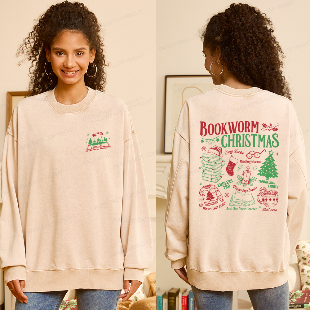Pagewings Bookworm Christmas Unisex Washed Sweatshirt
