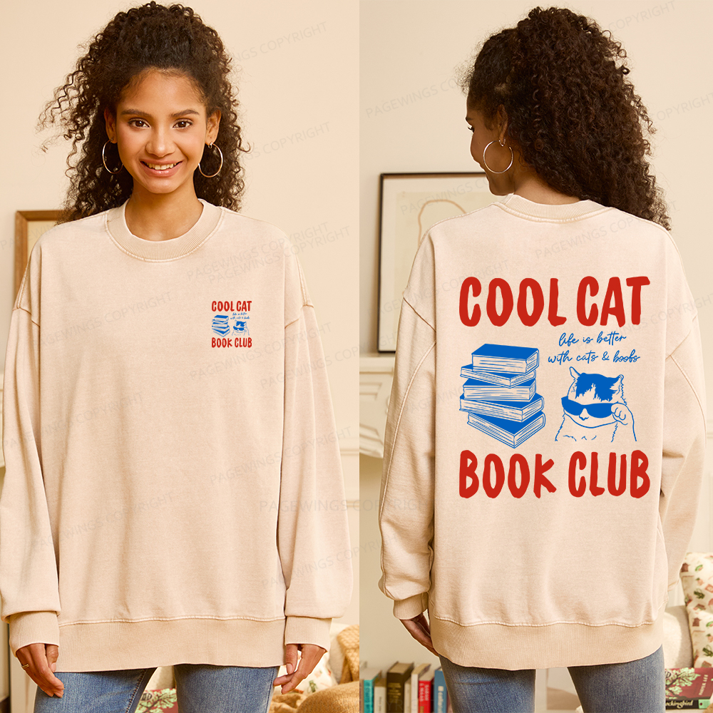 Pagewings Cool Cat Book Club Unisex Washed Sweatshirt