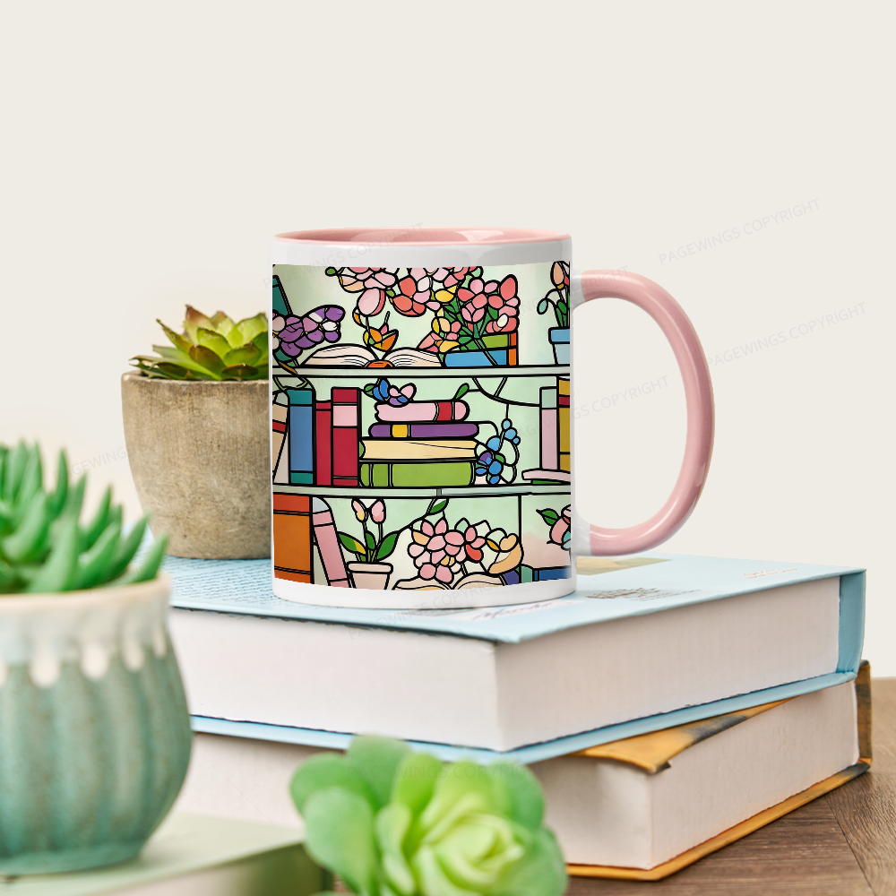 Pagewings Book Lover Floral Bookshelf Mug