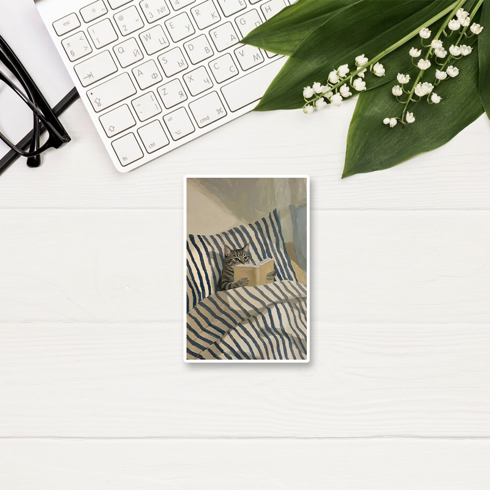 Pagewings Cat Reading Book In Bed Sticker