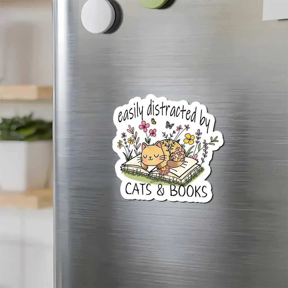 Pagewings Easily Distracted By Cats And Books Fridge Magnet