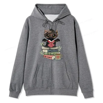 Pagewings Cute Dragon Read Books Be Kind Stay Weird Unisex Fleece Zip Up Hoodie