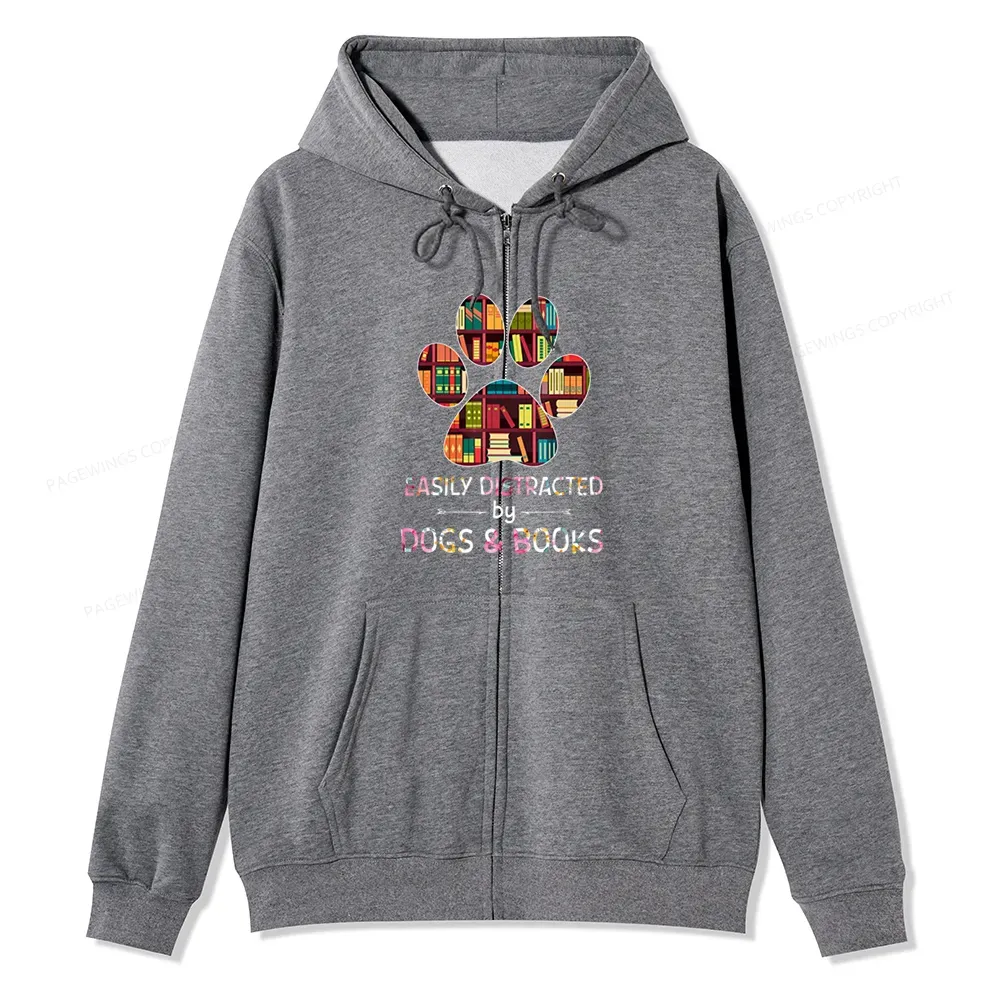Pagewings Easily Distracted By Dogs And Books Unisex Fleece Zip Up Hoodie