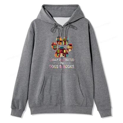 Pagewings Easily Distracted By Dogs And Books Unisex Fleece Zip Up Hoodie