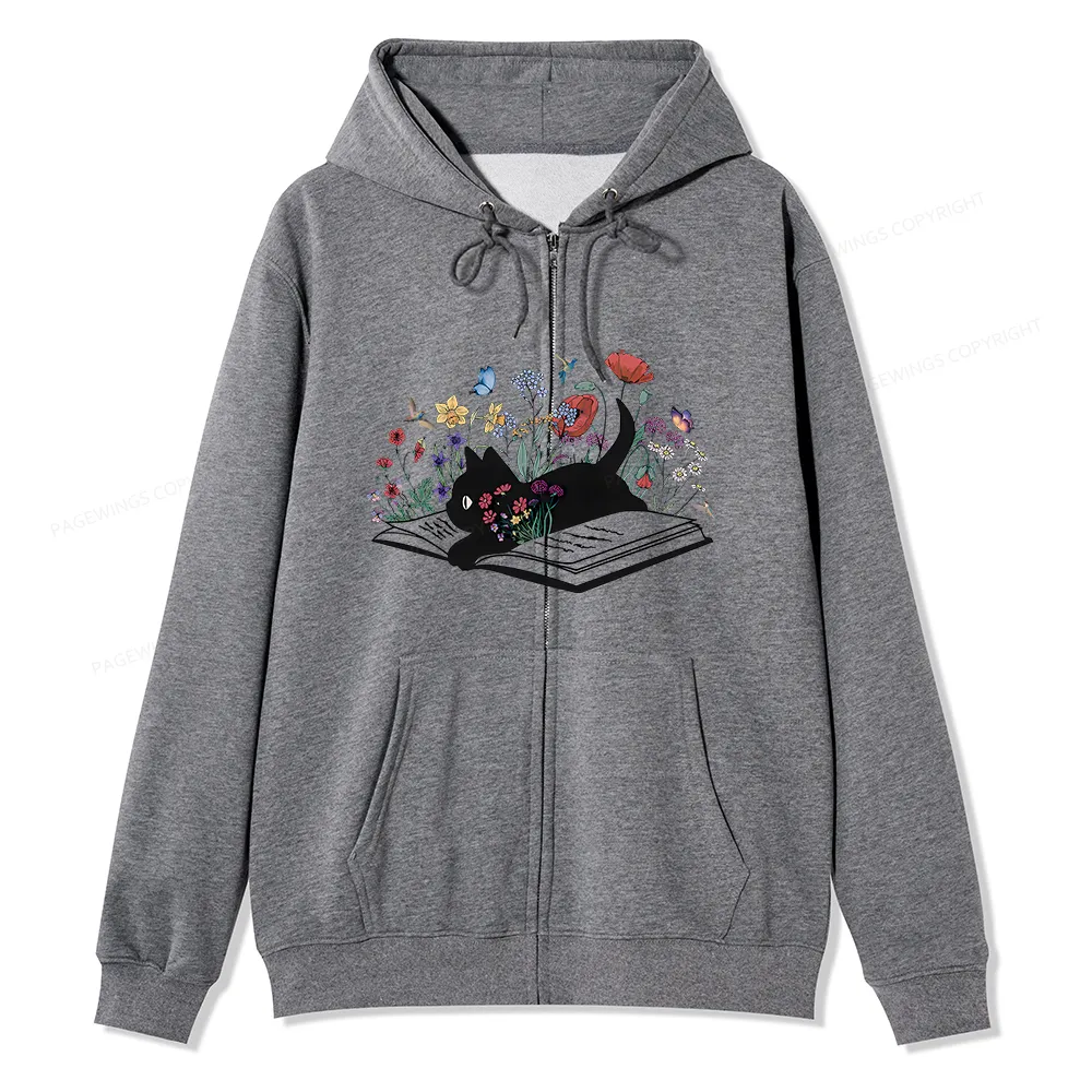 Pagewings Cute Book Cat Unisex Fleece Zip Up Hoodie