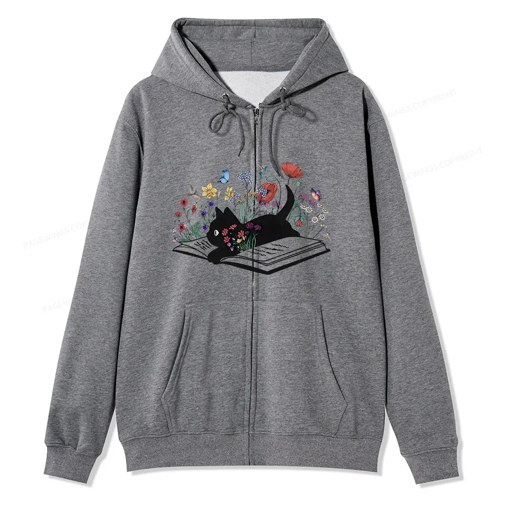 Pagewings Cute Book Cat Unisex Fleece Zip Up Hoodie
