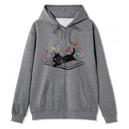Pagewings Cute Book Cat Unisex Fleece Zip Up Hoodie
