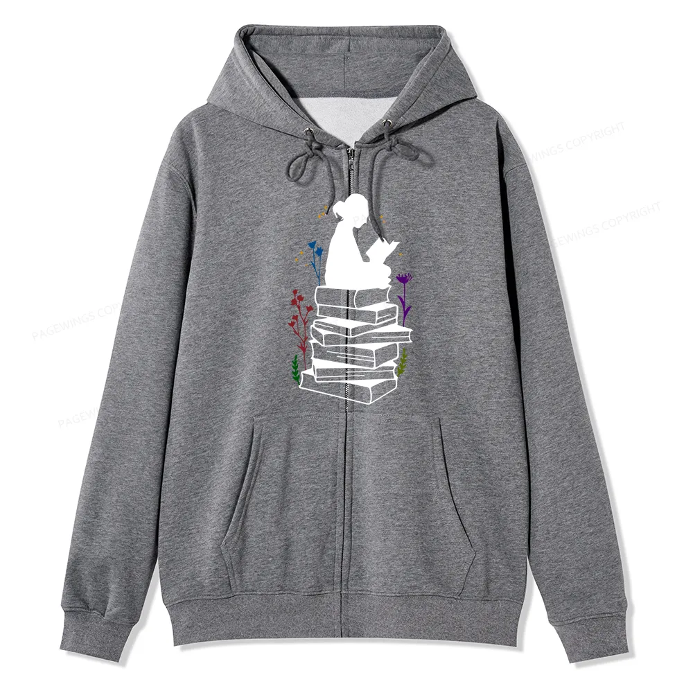 Pagewings Girl Reading Unisex Fleece Zip Up Hoodie