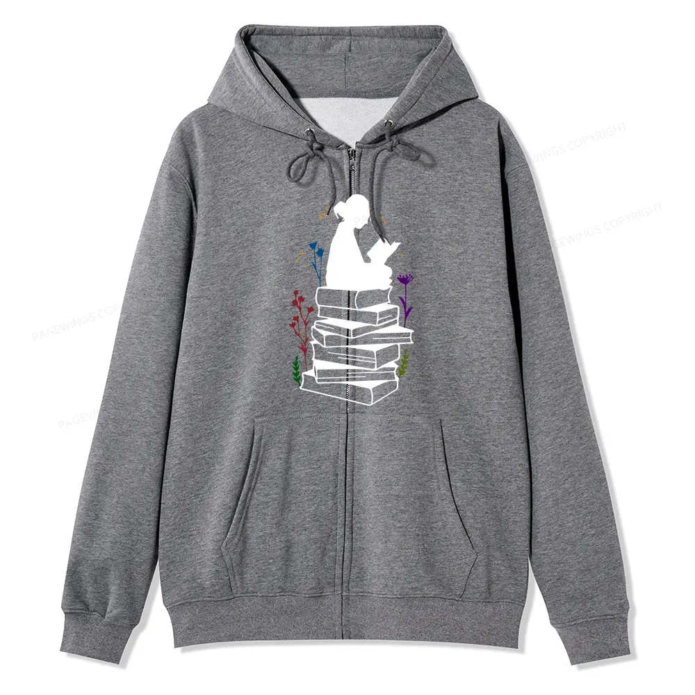 Pagewings Girl Reading Unisex Fleece Zip Up Hoodie