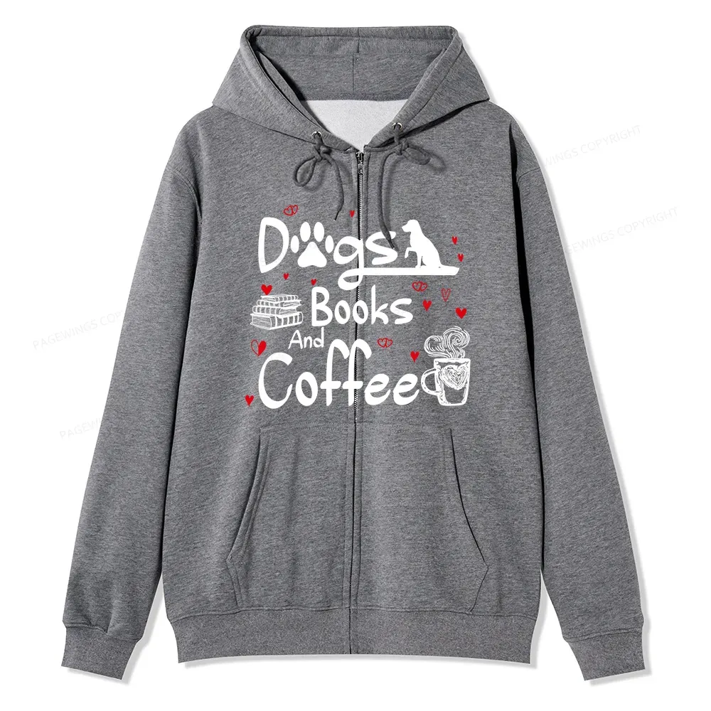 Pagewings Dogs Books And Coffee Unisex Fleece Zip Up Hoodie