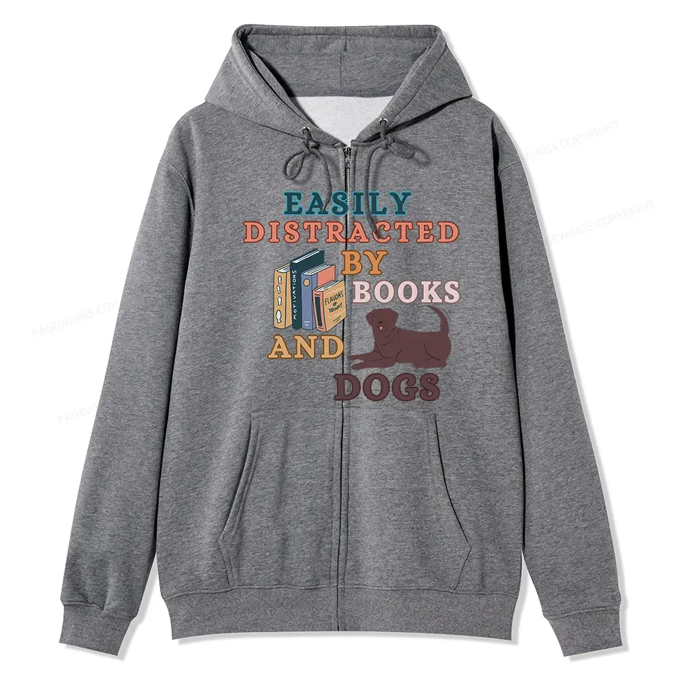 Pagewings Easily Distracted By Books And Labrador Unisex Fleece Zip Up Hoodie