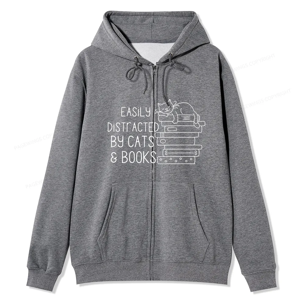 Pagewings Easily Distracted By Cats and Books Unisex Fleece Zip Up Hoodie