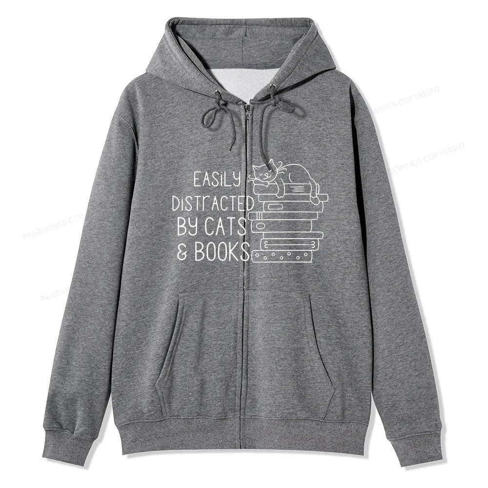 Pagewings Easily Distracted By Cats and Books Unisex Fleece Zip Up Hoodie