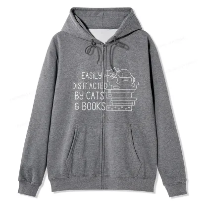 Pagewings Easily Distracted By Cats and Books Unisex Fleece Zip Up Hoodie