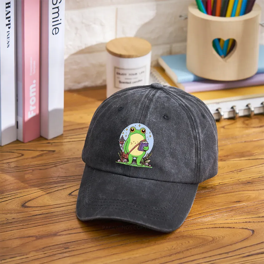 Pagewings Frog Reading Book Washed Cap