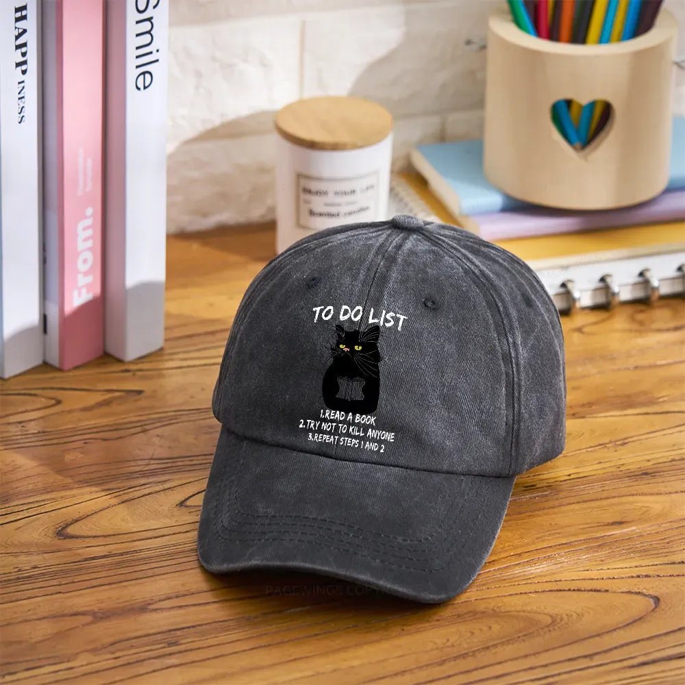 Pagewings Black Cat To Do List Washed Cap