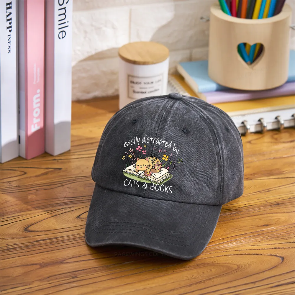 Pagewings Easily Distracted By Cats And Books Washed Cap
