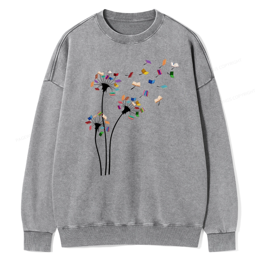 Pagewings Cute Dandelion Books Flower Fly Unisex Washed Sweatshirt