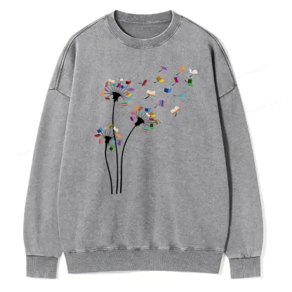 Pagewings Cute Dandelion Books Flower Fly Unisex Washed Sweatshirt