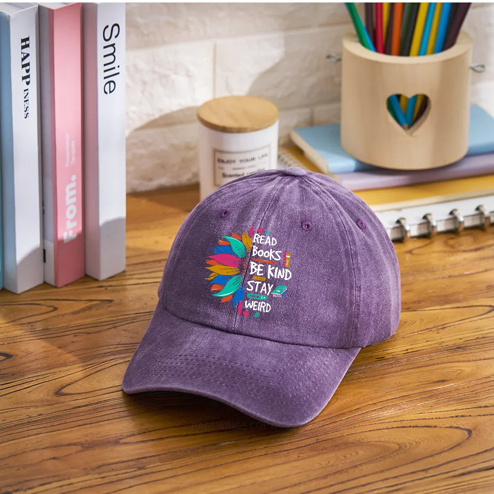 Pagewings Read Books Be Kind Stay Weird on Backpack Washed Cap